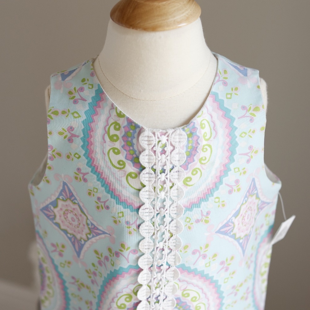 Aqua Blue Printed Cotton Shift Dress Size 6X Embroidered Lace The Bailey Boys
